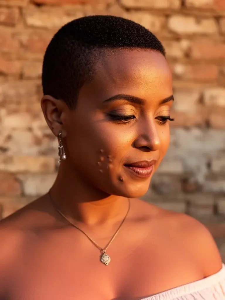 Ethiopian woman with buzz cut, three-quarter view against brick wall in golden hour light