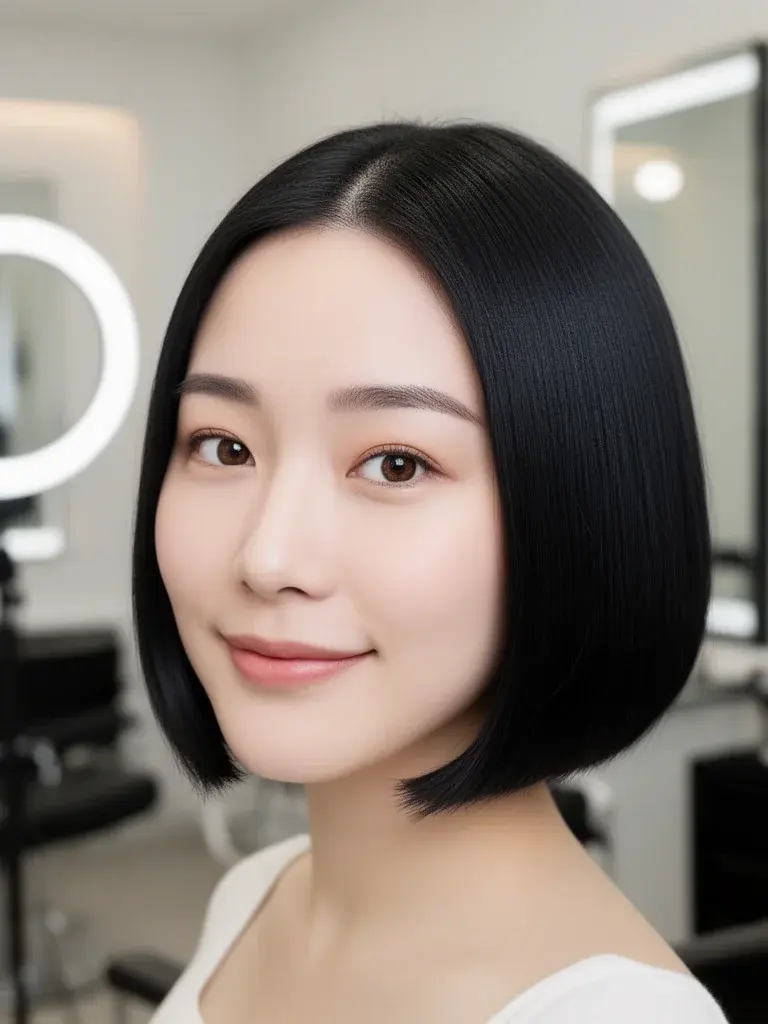 Chinese woman with blunt bob, three-quarter salon view with polished finish
