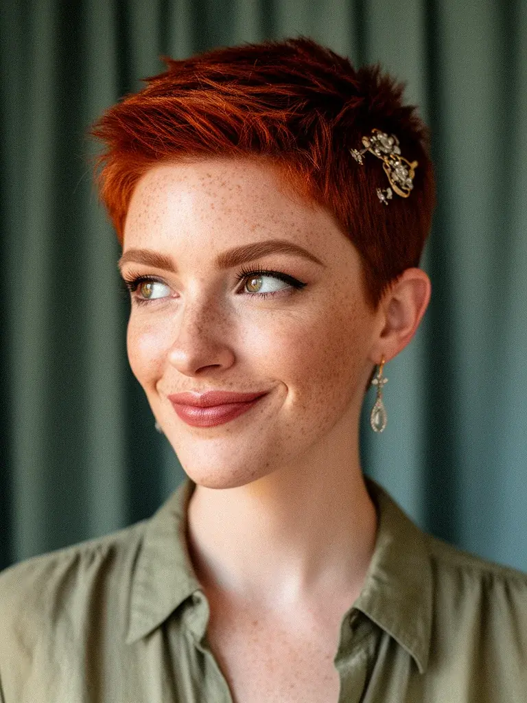 Short pixie cut front view on a woman with auburn hair and freckles