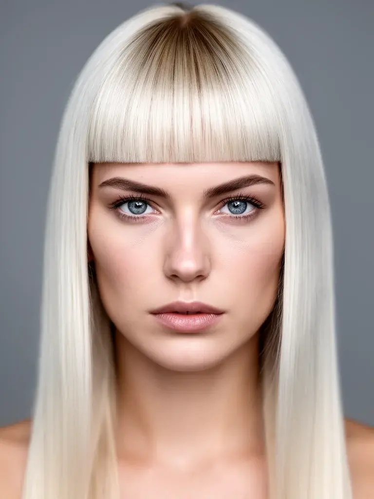 Blunt bangs on a Russian woman with platinum hair, editorial flat light