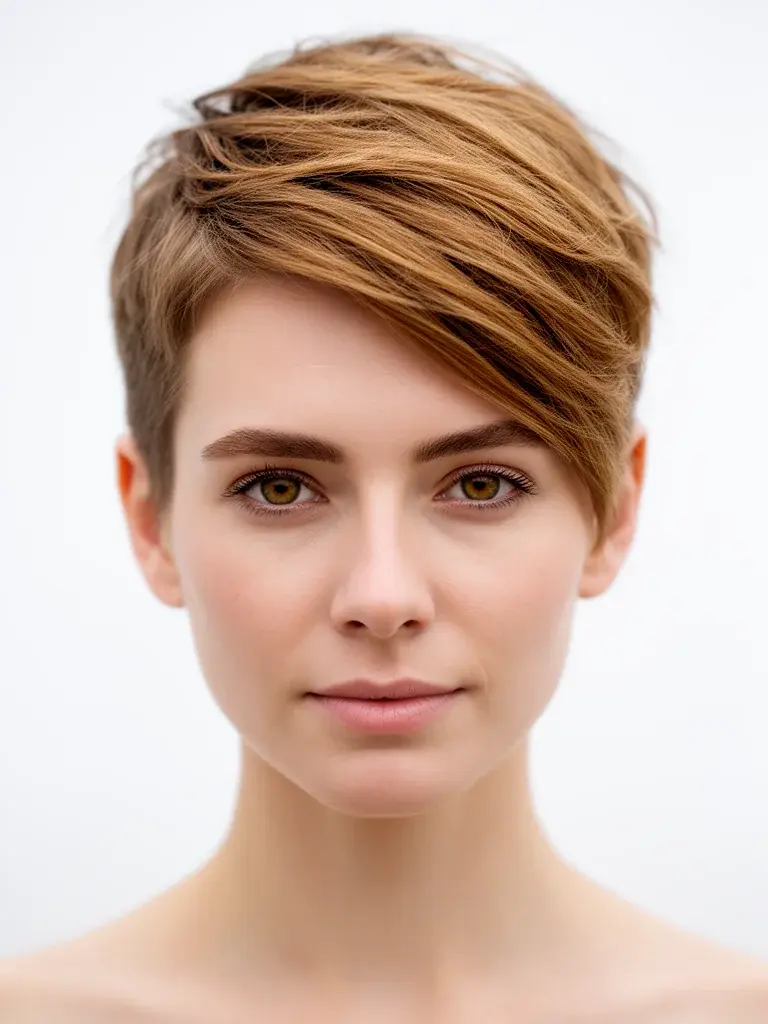 Long pixie cut front view on a woman with light brown hair and soft waves