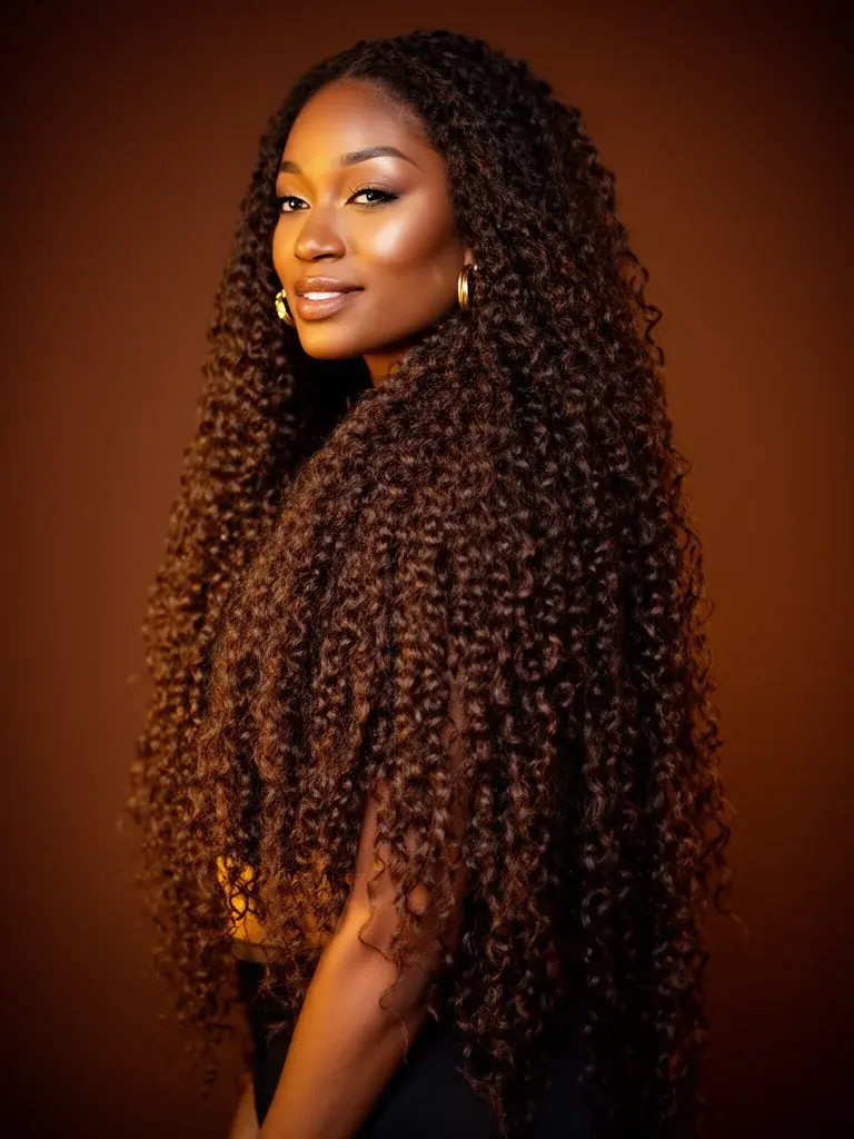 Black woman with hip-length natural hair in a loose twist-out, showing extreme length on textured hair