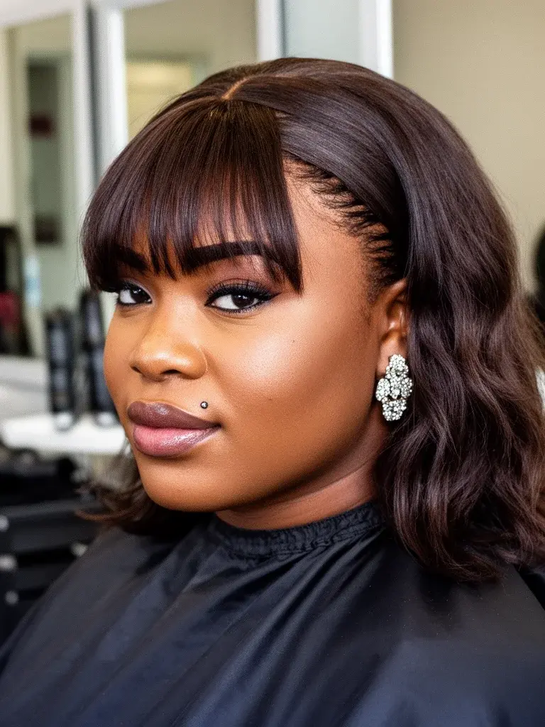 Curtain bangs on a Nigerian woman in a salon, polished editorial look