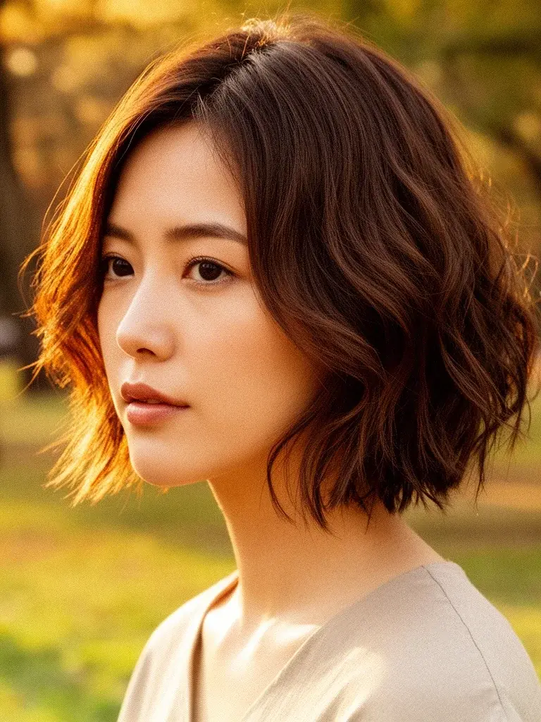 Asymmetrical bob wavy version on a Japanese woman with brown hair in outdoor warm light