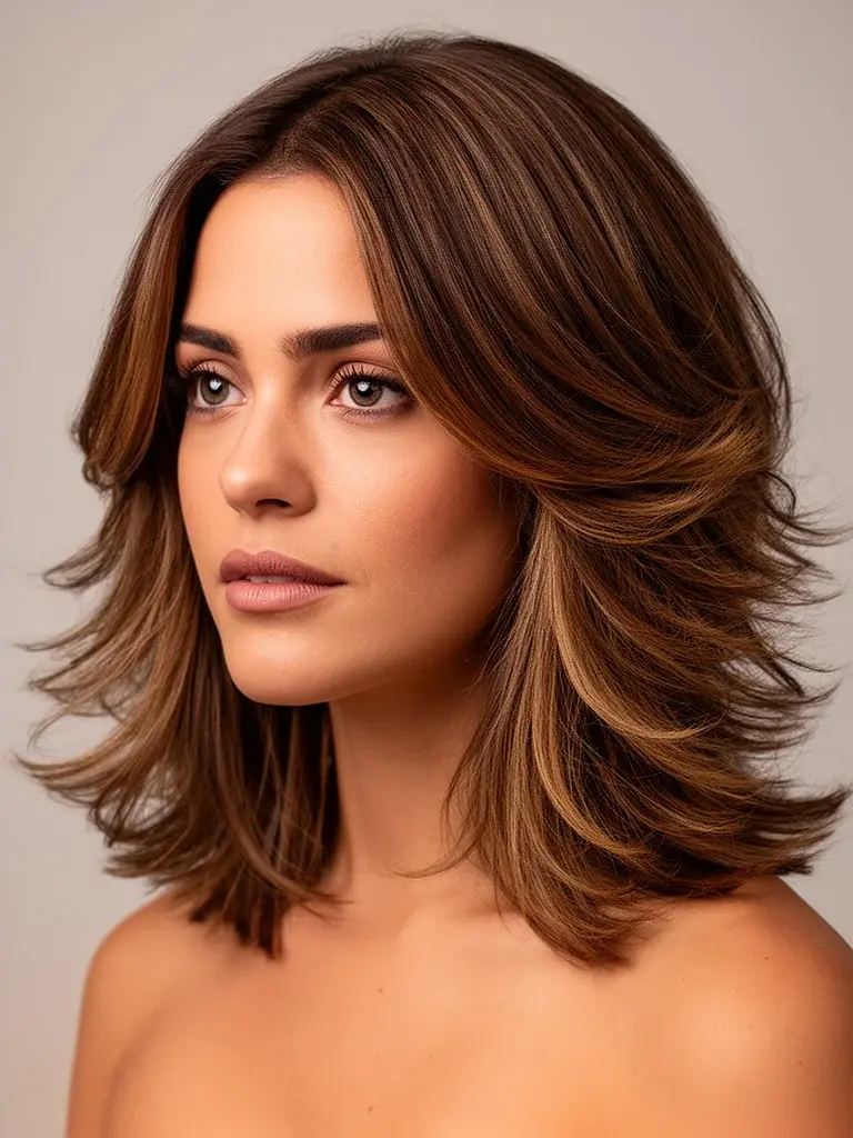 Brazilian woman with shoulder-length layers, studio shot showing volume through mid-length