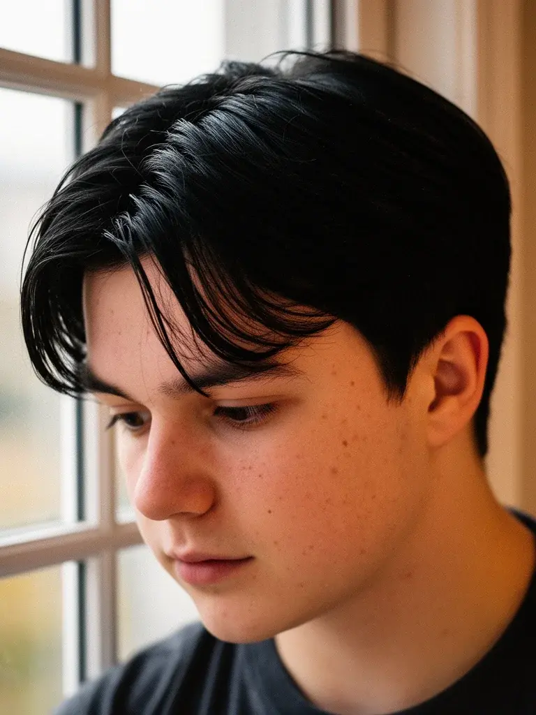 Middle part curtains on wavy hair with natural texture and movement