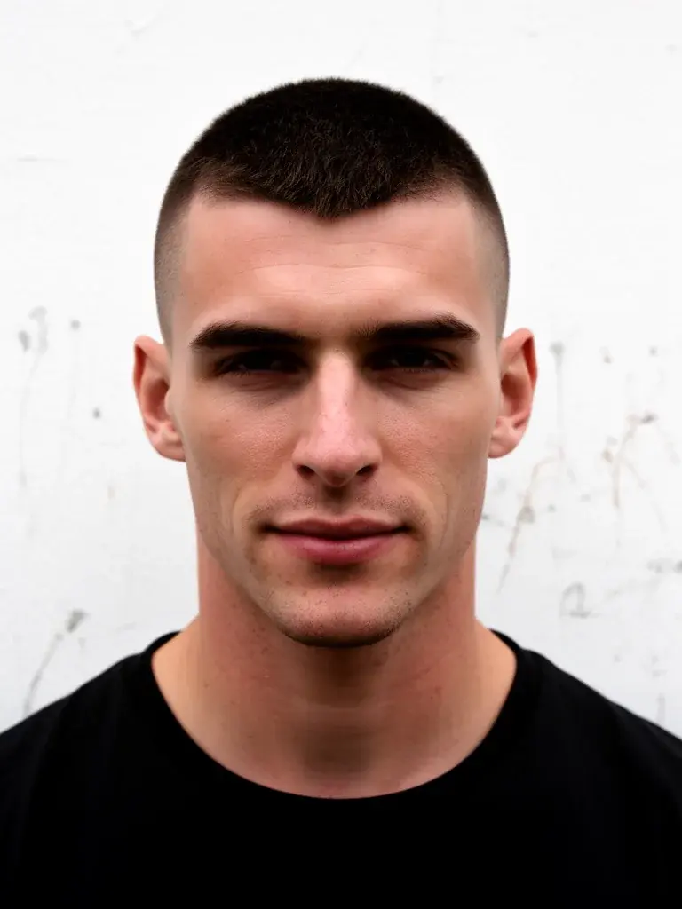 Modern buzz front view with clean hairline and visible texture on top