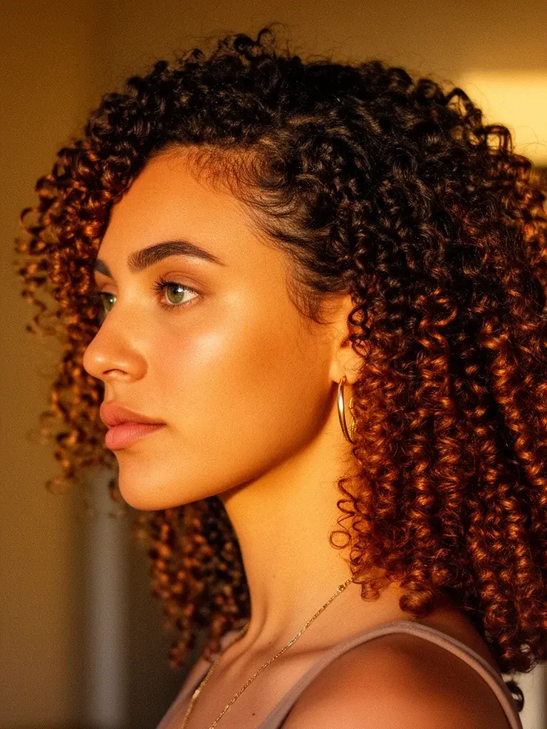 South Asian woman with natural 3C ringlets, close-up showing the marker-width diameter of each coil