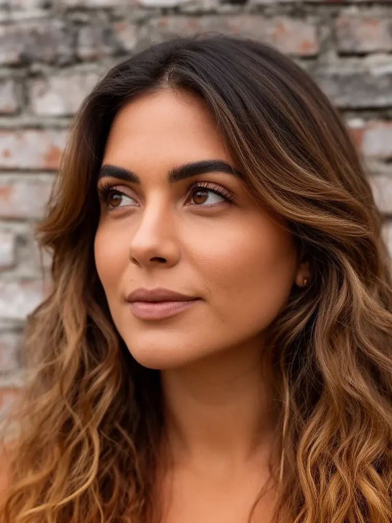 Brazilian woman with face-framing layers, front view in natural outdoor light