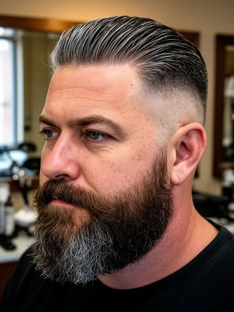 Low fade with longer top styled back for a polished look