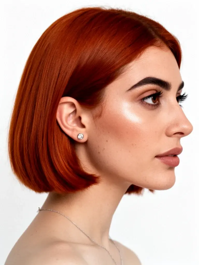 Classic bob side profile on Lebanese woman with rich auburn copper hair