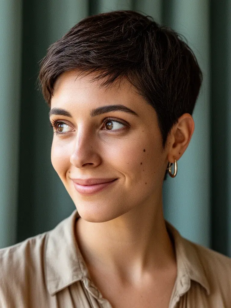 Boy cut front view on an Italian woman with dark brown hair and soft window light