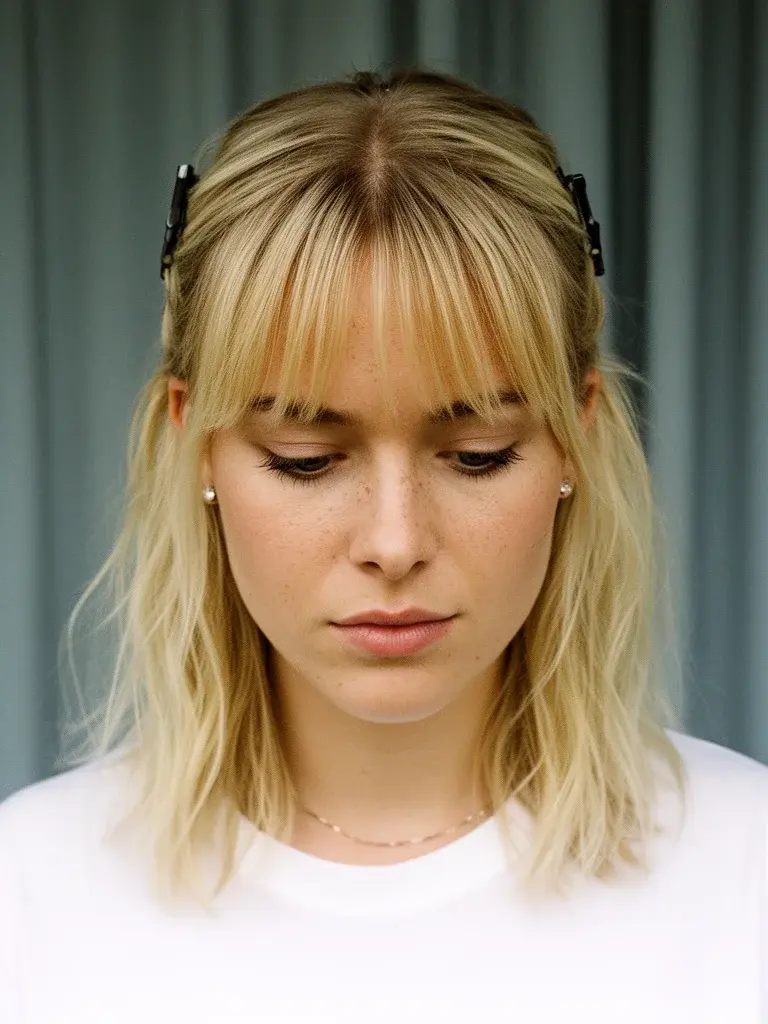 Curtain bangs front view on a blonde woman, center part clearly visible