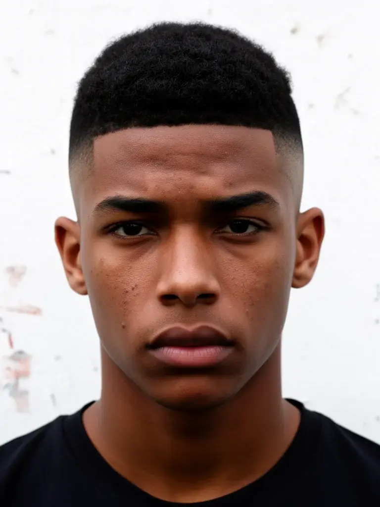 Mid fade front view with clean temple blend and styled top