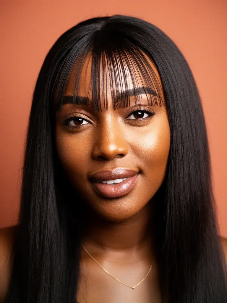 See-through bangs on a Nigerian woman with relaxed hair, delicate fringe against dark skin