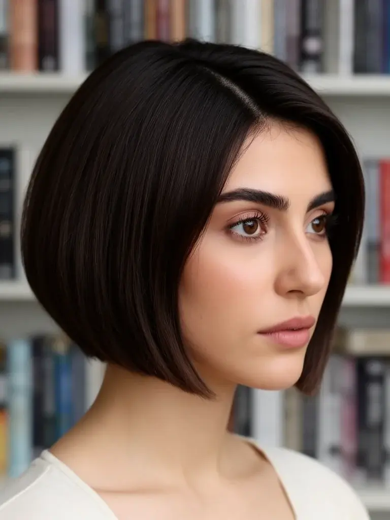Turkish woman with inverted bob, three-quarter view showing angled structure