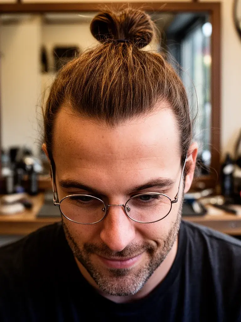 Man bun on curly hair with natural curl texture visible
