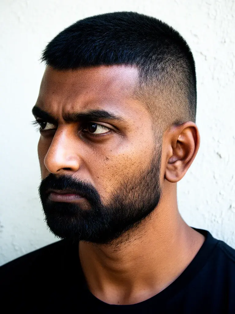 Burr cut paired with full beard creating strong contrast