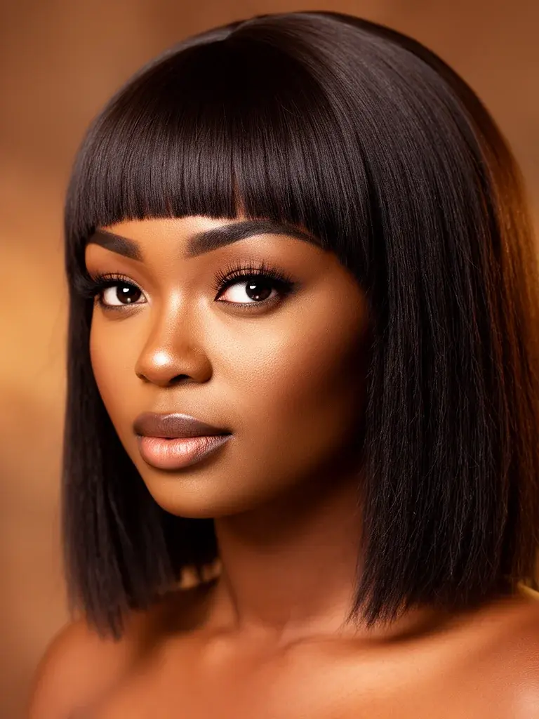 Bottleneck bangs three-quarter view on a Nigerian woman in warm studio light