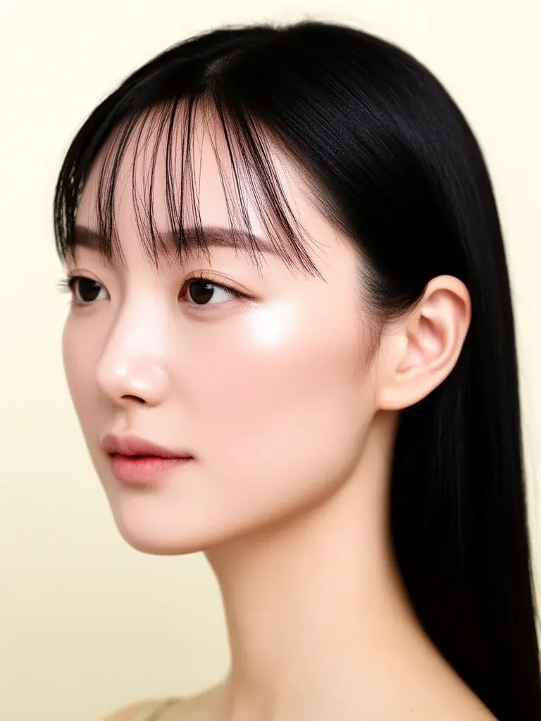 See-through bangs on a Japanese woman with medium length hair, side profile showing fringe thinness