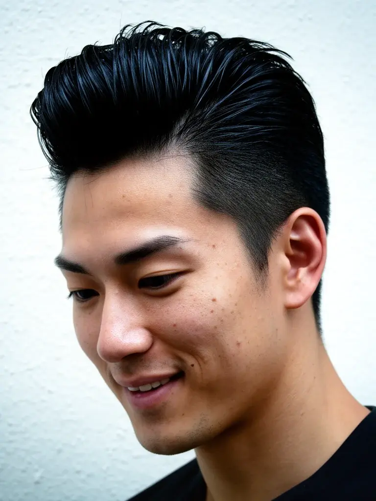 High volume pompadour on round face with elongating effect