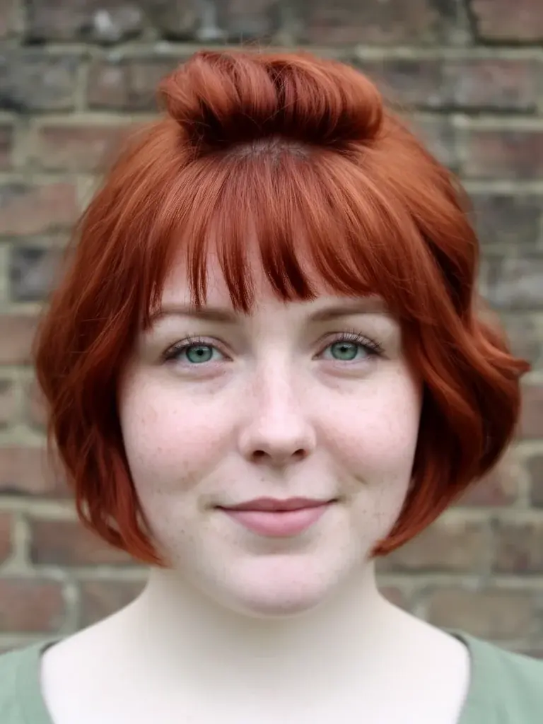 Irish woman with inverted bob in auburn, front view with natural texture