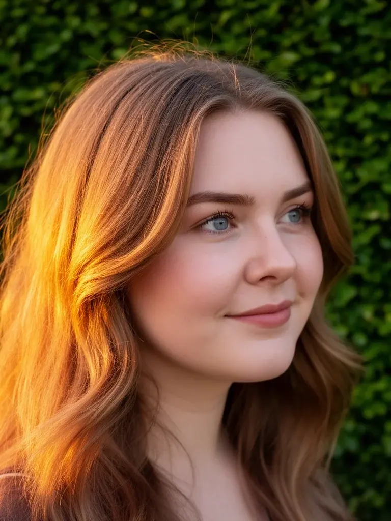 British woman with face-framing layers, three-quarter view in warm outdoor light