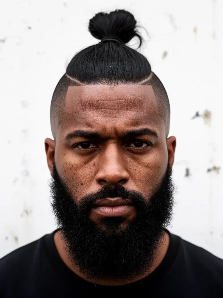 Warrior cut front view with shaved sides and top pulled back