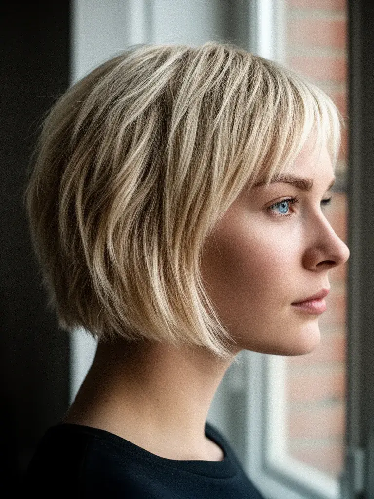 Short shag side profile on a Swedish woman with blonde hair, layer graduation visible