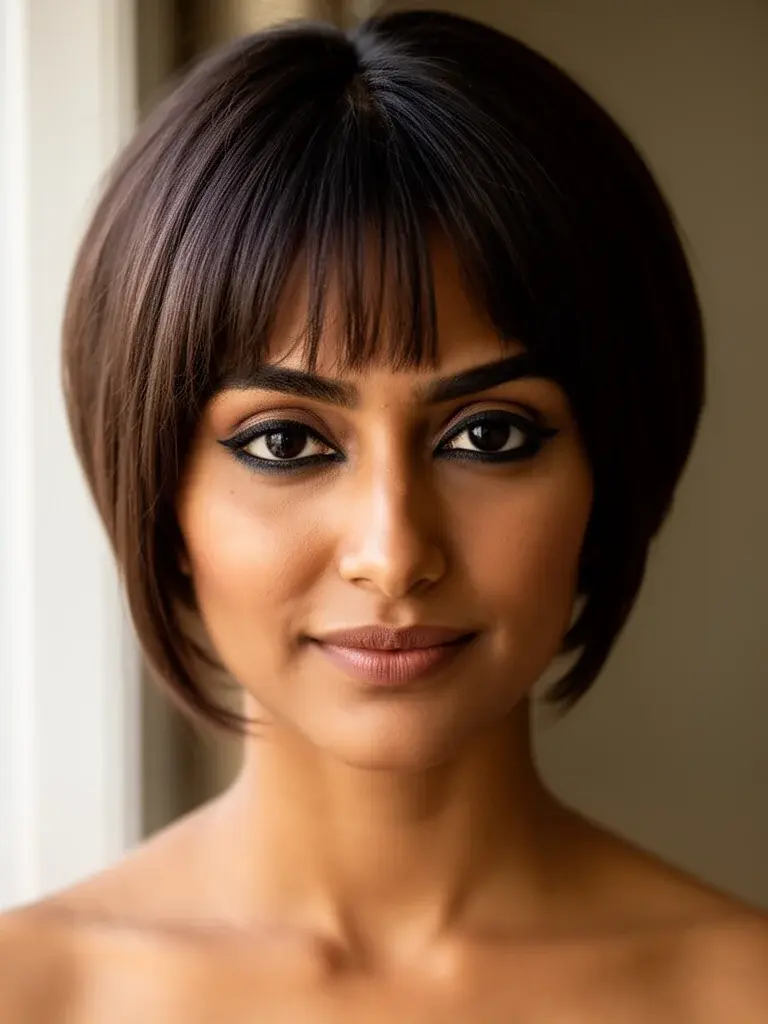 Long pixie cut with curtain fringe on a South Asian woman with warm brown hair