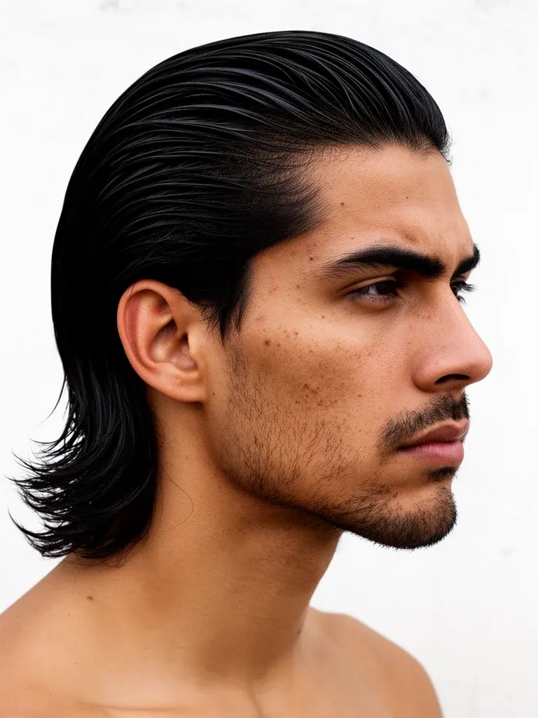 Slicked back flow back view showing length reaching the collar