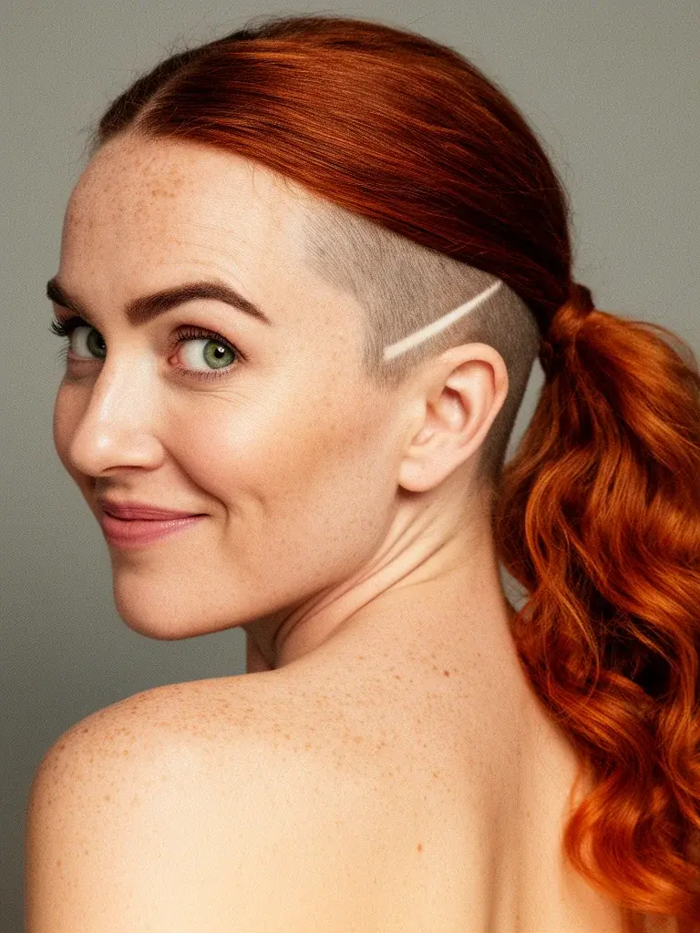 Undercut bob on a Brazilian woman with balayage, half-up showing the shaved nape