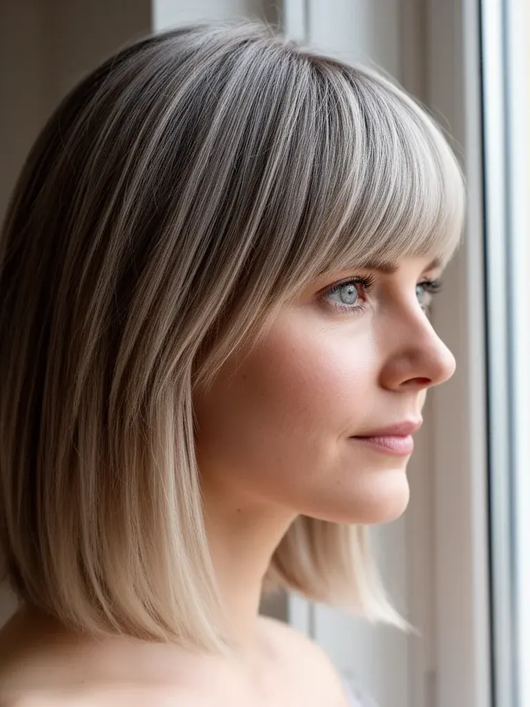 German woman with side-swept bangs, side profile showing angled cut line