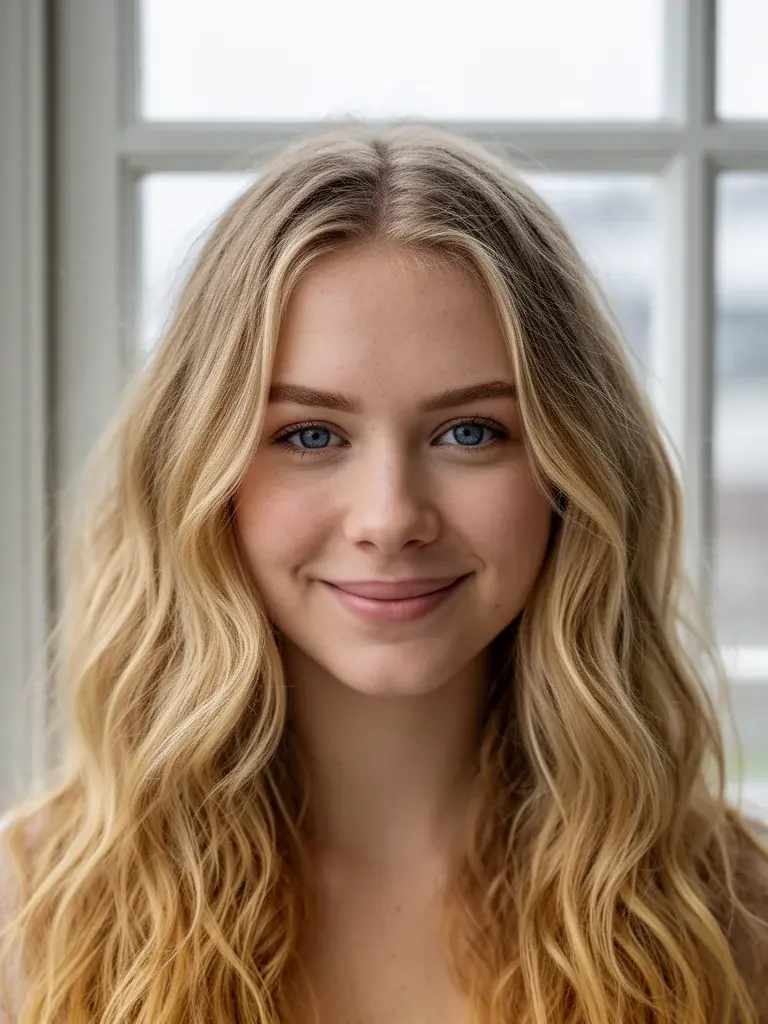 Scandinavian woman with boho waves, front view showing organic blonde wave pattern