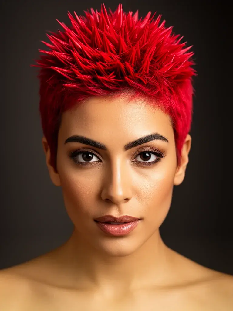 Spiky pixie with cherry red hair on a Latina woman, studio light