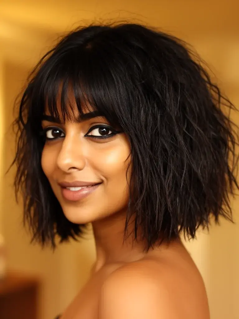 Shaggy bob with curtain bangs on a South Asian woman with dark hair