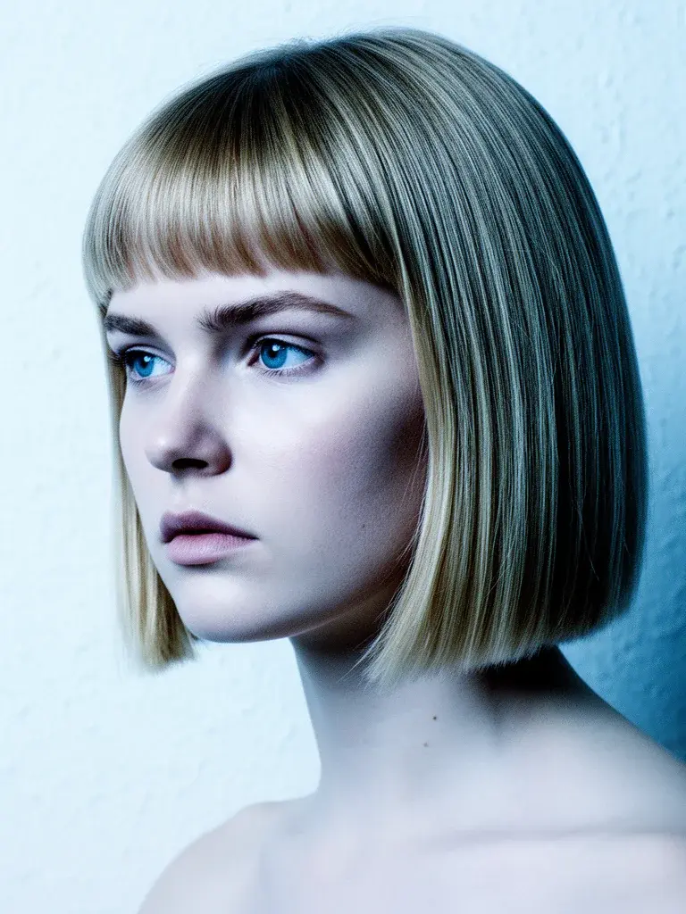 Scandinavian woman with blunt bob, front view in cool-toned light