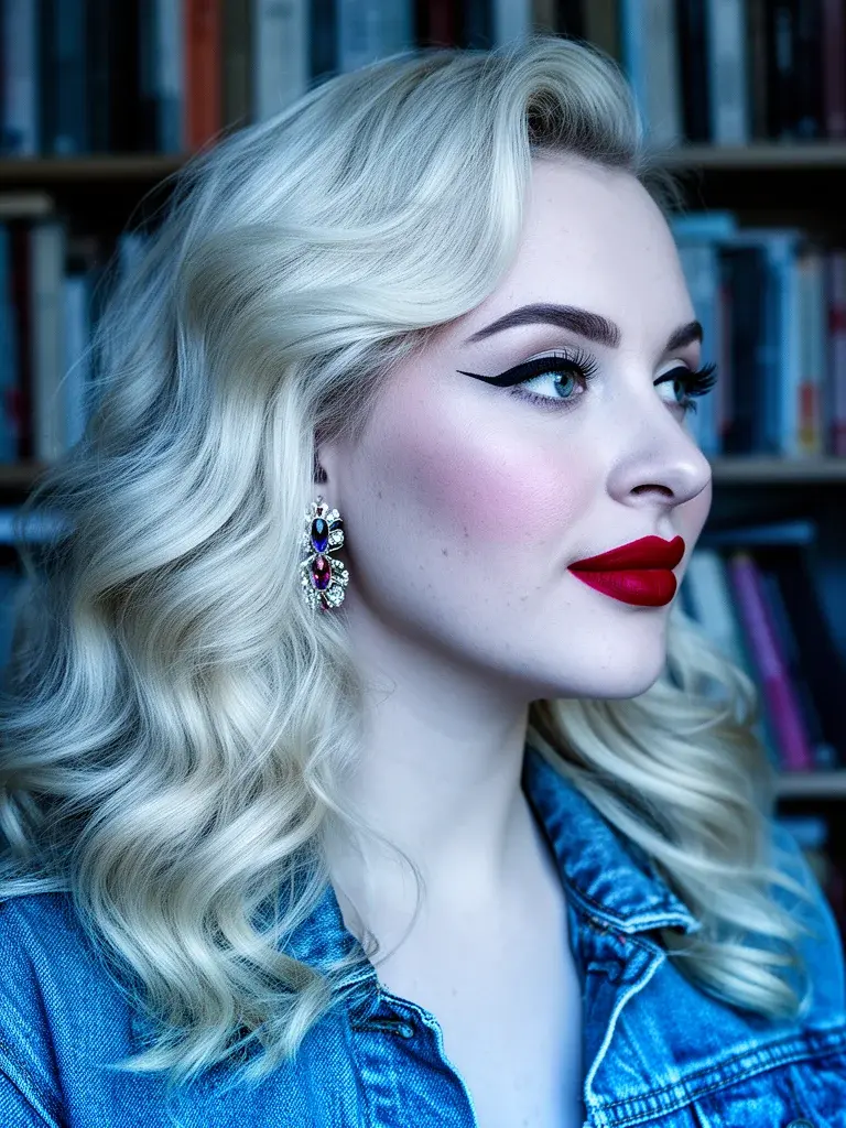 Beach waves side profile on a Russian woman with platinum blonde hair, cool lighting
