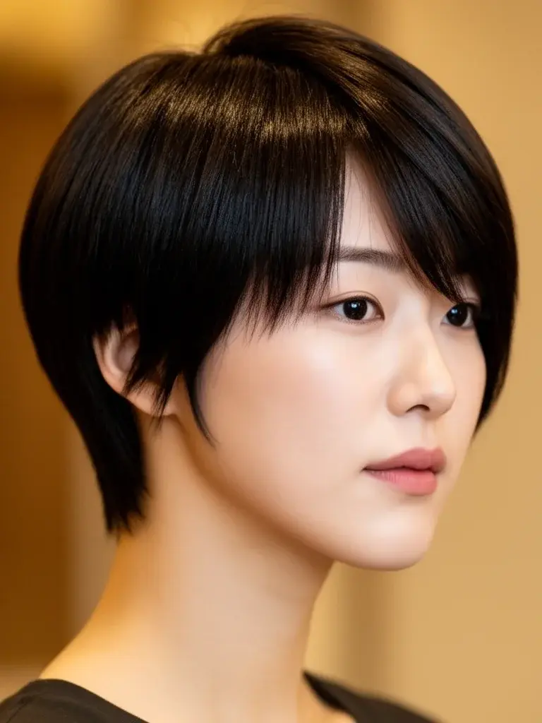 Long pixie cut three-quarter view on a Korean woman with sleek black hair