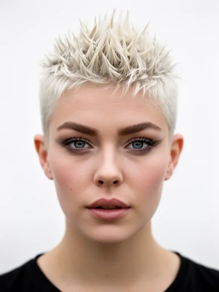 Spiky pixie cut front view on a white woman with platinum blonde hair and bold eye makeup