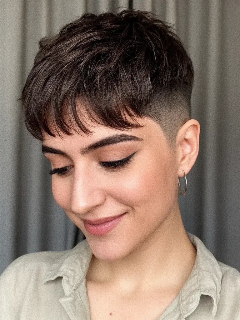 French crop front view on a Turkish woman with dark brown hair, soft overcast light