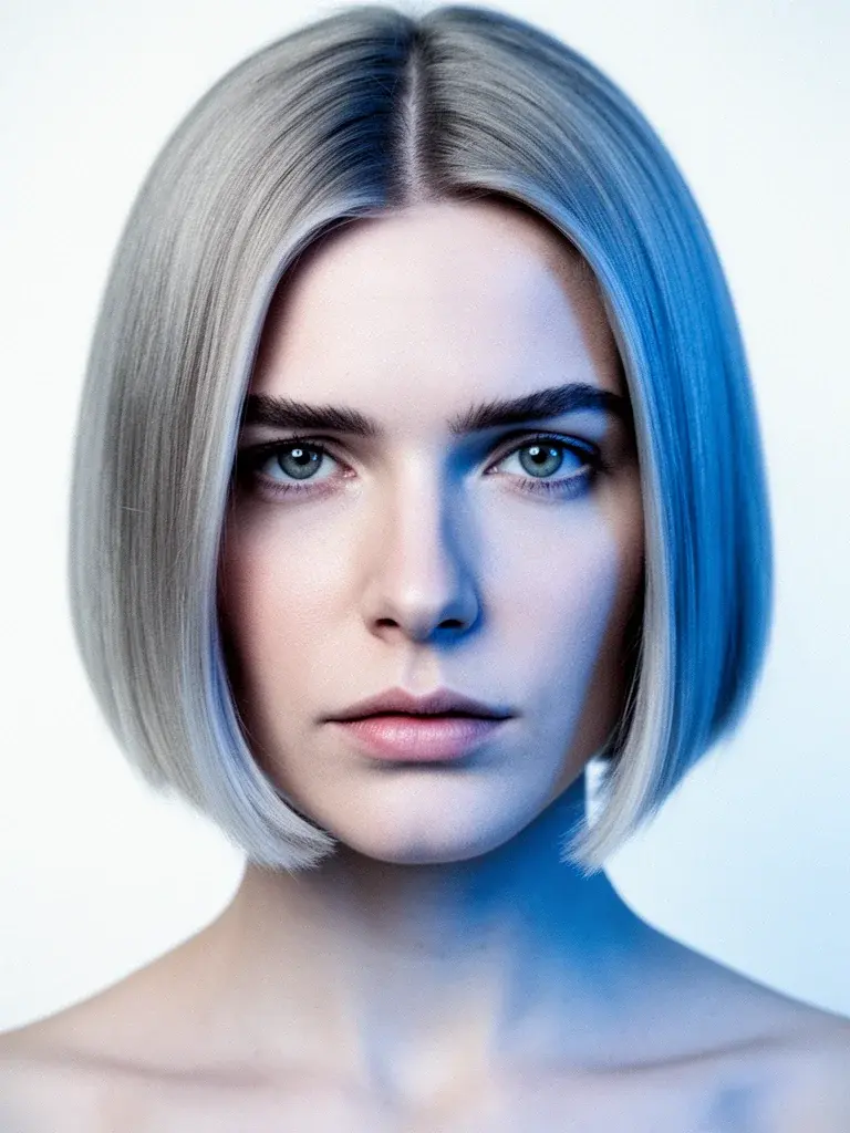 German woman with a-line bob, front view in cool-toned studio light