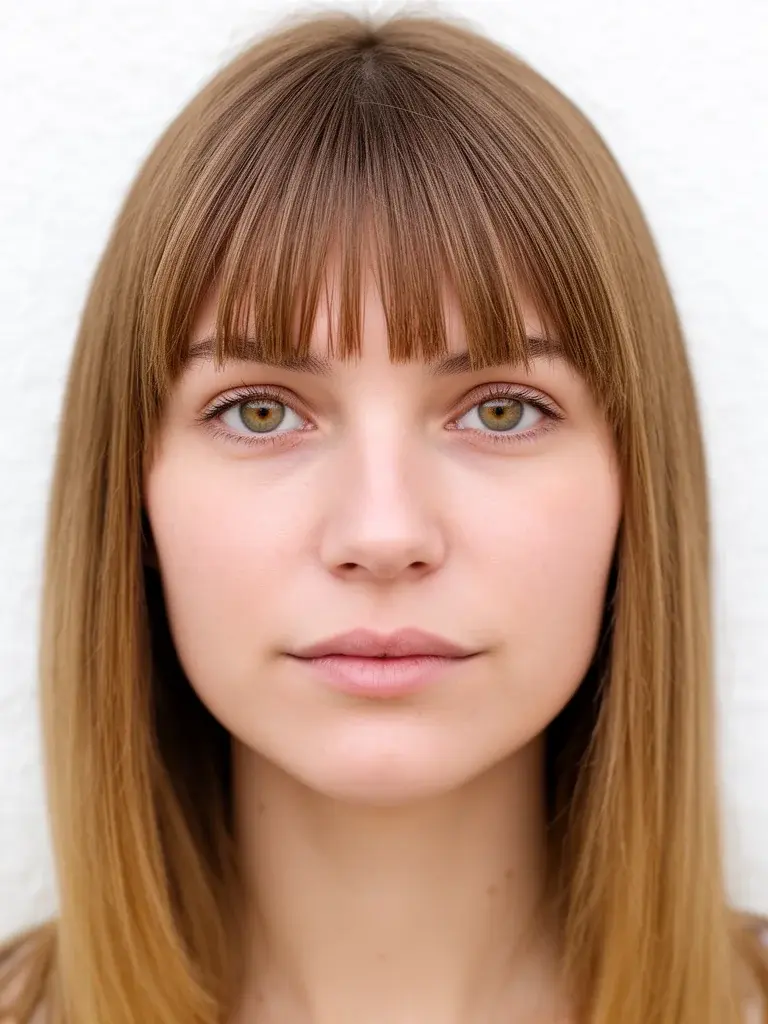 Bottleneck bangs front view on a French woman, tapered fringe narrowing at center
