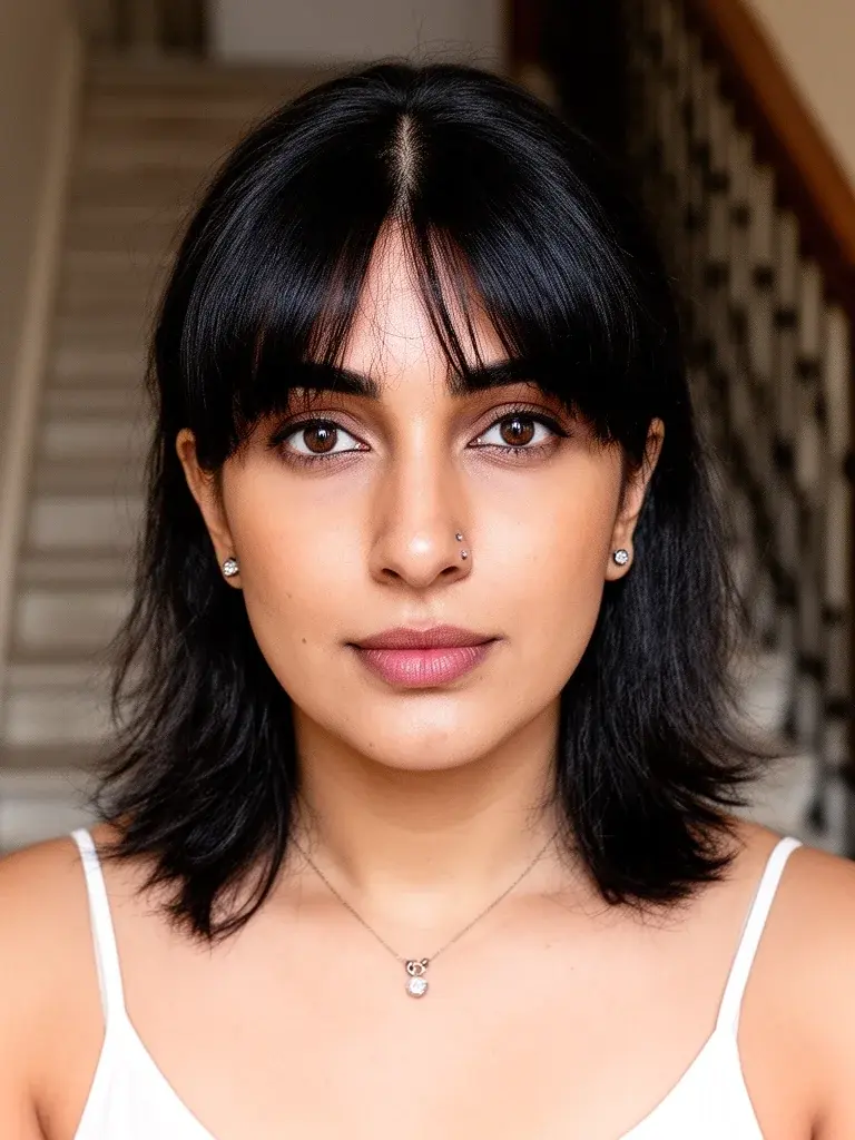 Curtain bangs front-facing on a South Asian woman with natural black hair