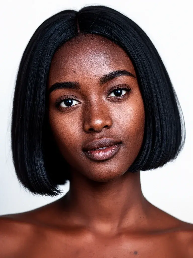 Classic bob front view on Ethiopian woman with sleek natural black hair