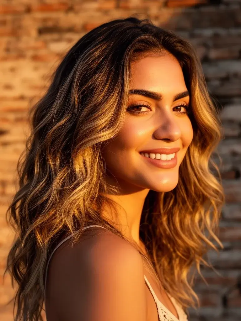 Brazilian woman with boho waves, three-quarter view in golden outdoor light