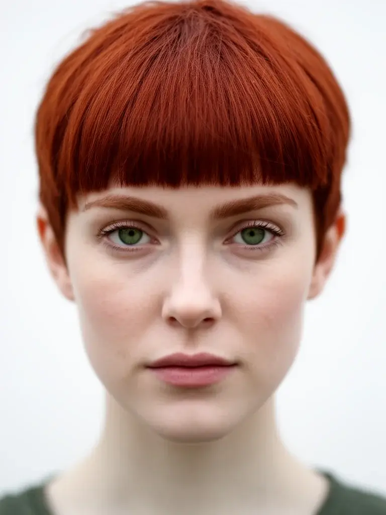 Pixie with short bangs front view on a white woman with auburn hair, blunt fringe above eyebrows