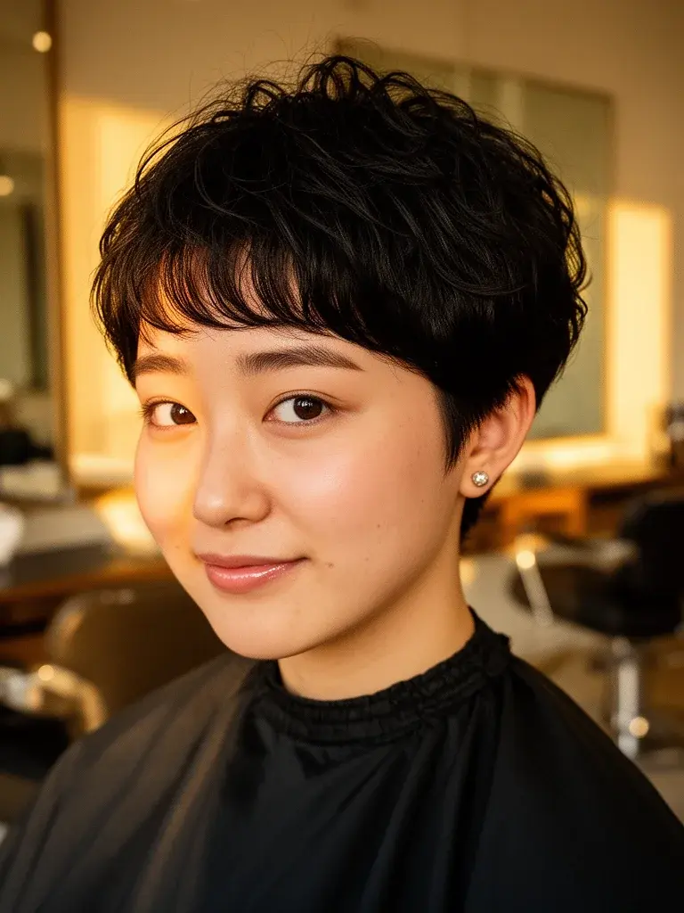 Boy cut salon three-quarter view on a Japanese woman with golden hour light