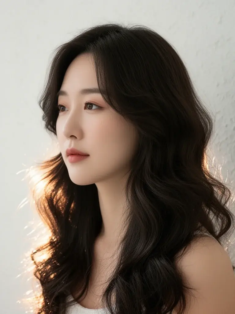 Korean woman with boho waves, backlit three-quarter view showing wave strand separation