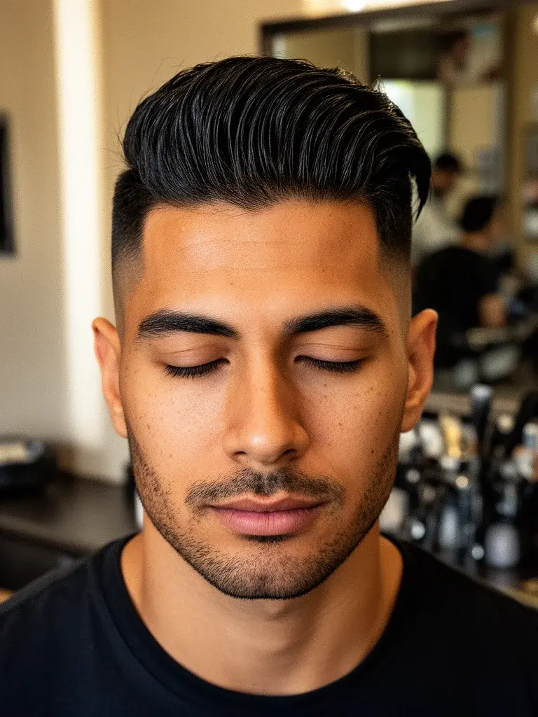 Soft quiff three-quarter angle showing front lift direction